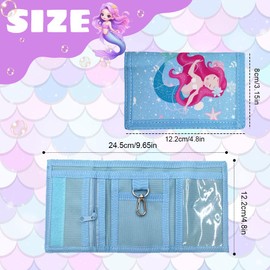 Purse for Children, Girls, Mermaid Wallet for Girls, Children's Wallet with Lanyard, Coin, Pocket Card Holder, Triple Girls Purse with Mermaid Keyring, Blue, Pink, Mermaid