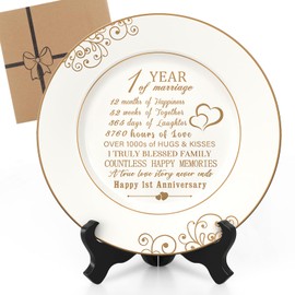 Urllinz 1st Anniversary Plate with 24k Gold Foil - 1 Year Paper Anniversary Wedding Gifts Decorations for Him Couples Wife Husband, Ceramic 9"