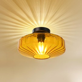 blusun Semi Flush Mount Ceiling Light, 11.8" Vintage Ceiling Light, 1-Light Mid Century Modern Close to Ceiling Light Fixtures with Drum Amber Glass Shade for Bedroom Kitchen Hallway Entryway Foyer