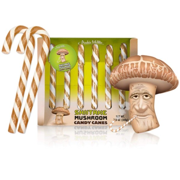Shitake Mushroom Candy Canes | Gift Box of 6 Funny Mushroom Flavored Candy Canes