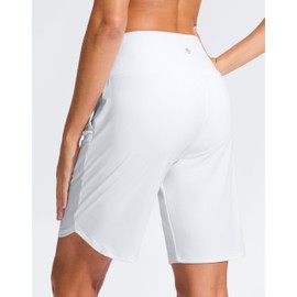 G Gradual Women's 9" Long Swim Board Shorts High Waisted Quick Dry Beach Swimming Shorts for Women with Pockets Liner(White,XL)