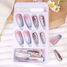 Press on Nails Medium Glossy False Nails Acrylic Nails Geometry Fake Nails Pink and Blue Glue on Nails with Broken Glass Design Stick on Nails Full Cover Nails for Women 24 Pcs