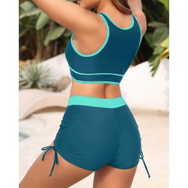 Holipick Women's Sporty Bikini Sets Two Piece Color Block Swimsuit Bathing Suits with High Waisted Boy Shorts Bottom