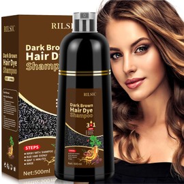 RILSIC 500ML Haarfarbe,Natürliche Schwarze Haarfärbeshampoo,Black Hair Dye Shampoo 3 IN 1 Gegen Graue Haare-Instant Hair Color, Haarfärbung,Sofort-Haarfarben-Shampoo für Männer Frauen (Dunkler Kaffee)