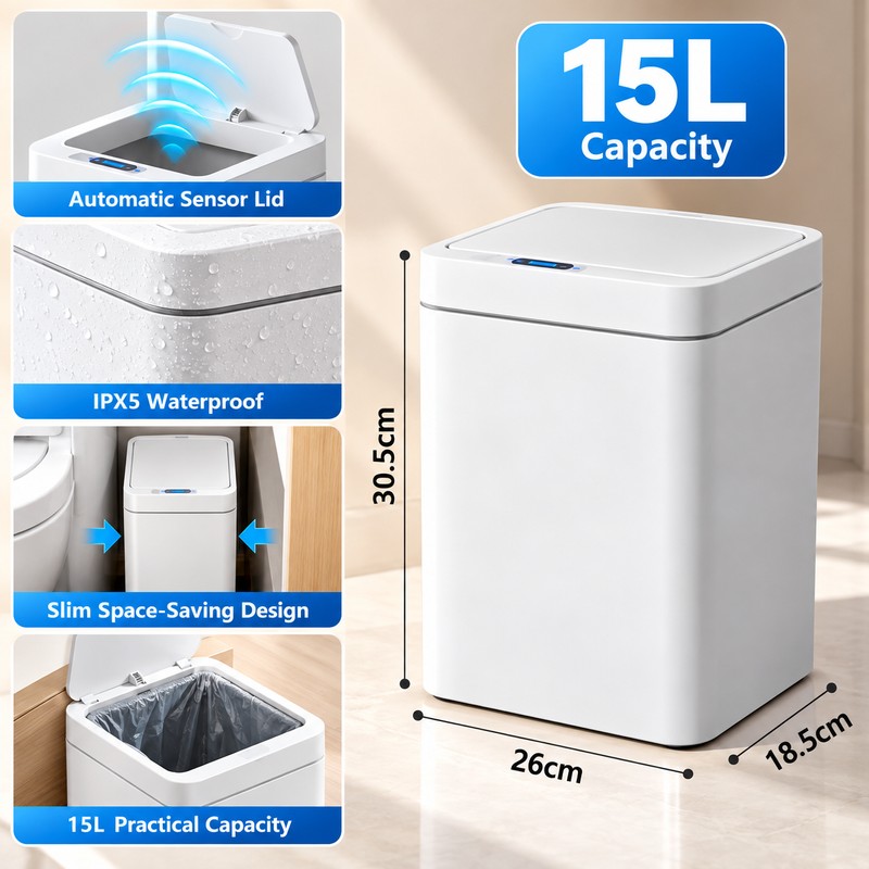 15L Touchless Trash Can for Home – Automatic Sensor Lid