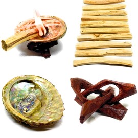 Palo Santo Holy Wood Pack of 10 Abalone Shell 3-4"L,Wooden Tripod Stand 2"