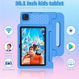 NRKDUBQ Tablet for Kids, 10.1 inch IPS HD Touchscreen Android 14 64 GB Storage, 8GB RAM, Octa Core Kids Tablet, Parental Controls, 12-hr Battery, WiFi, GPS - Blue