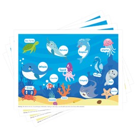 Disposable Placemats for Baby Toddlers, Plastic Sticky Baby Blue Placemats Table Mat for Restaurants, Parties, Dining Table & Preschool – Deep-Sea Animals Fun Designs, 40 Pack, 12x16 Inches