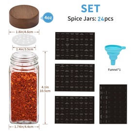 Yangbaga 24Pcs Glass Spice Jars with Labels，4OZ Empty Square Spice Bottles with acacia wood lid & Shaker Lids and Silicone Collapsible Funnel Included,Seasoning Storage Bottles for Rack,Cabinet,Drawer