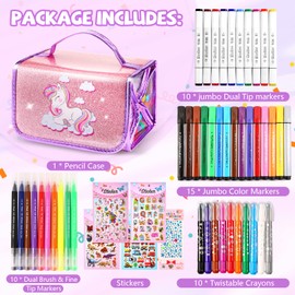 MeCids Kids Marker Set with Pencil Case School Art Supply Kit Washable Markers Crayons Painting Drawing Coloring Arts & Crafts Gifts for Boys Girls