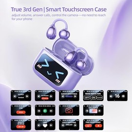 Auriculares elegantes con pantalla táctil y clip, auriculares inalámbricos de oído abierto con pantalla a color de 1.3", Bluetooth 6.0, 50 horas de re