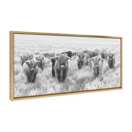 Kate and Laurel Sylvie Herd of Highland Cows Black and White Framed Canvas Wall Art by The Creative Bunch Studio, 18x40 Gold, Decorative Farmhouse Art for Wall