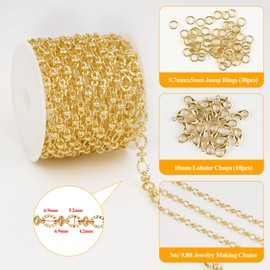 YOUBEIYEE 9.8 Feet Jewelry Chains Bulk on Spool 18K Gold Plated Chain for Jewelry Making Embossed Oval Link Chains
