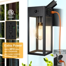 OYKYOHEI 2 Pack Porch Lights with GFCI Outlet, Dusk to Dawn Motion Sensor Outdoor Lights, 2 Lighting Modes Waterproof Anti-Rust Wall Sconce Lantern, Outside Light for House, Black