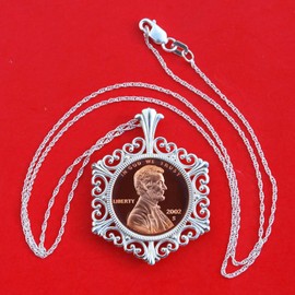 US 2002 Lincoln Small Cent One Penny Gem BU Uncirculated Proof Coin 925 Sterling Silver Necklace New - Lucky Penny