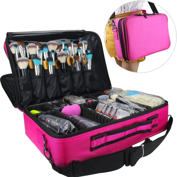 Relavel Makeup Bags Travel Large Makeup Case 16.5 inches Professional Makeup Train Case 3 Layer Cosmetic Bag Makeup Artist Organizer Brush Holder Storage with Shoulder Strap Dividers (Large Hot Pink)