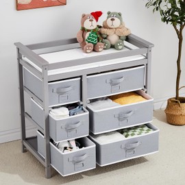 GarveeLife Baby Changing Table, Baby Changing Station Dresser with 6 Storage Drawers and Pad, Diaper Changing Table, Wooden Infant Diaper Changing Station Dresser for Baby Newborn Infant