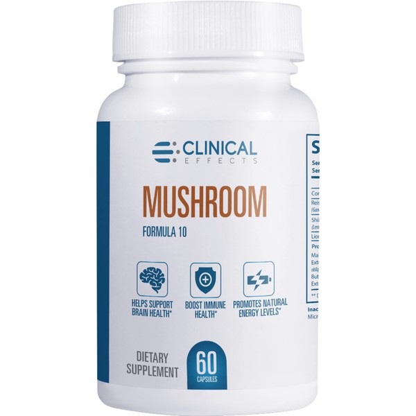 Clinical Effects Mushroom Formula 10 - Natural Mushroom Supplement for Focus, Mood, and Brain Booster Support - Nootropic Supplement and Immune Support - 60 Veggie Capsules - Made in The USA