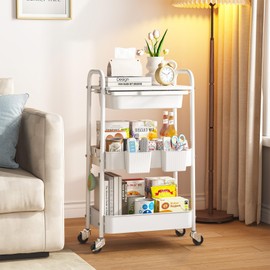 KINGRACK 3 Tier Metal Rolling Cart with Drawer, White Utility Storage Cart | 2 Cups & 4 Hooks, Lockable Wheels, Trolley Organizer for Bathroom, Kitchen, Office, Nursery, Dorm, Laundry, Craft Room