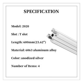 BELLA BAYS 4pcs 23.62 inch 600mm 2020 T Slot Aluminum Extrusion Profile European Standard Anodized Silver Extruded Linear Rail Guide Frame for 3D Printer Laser Engraving Machine CNC Workbench DIY