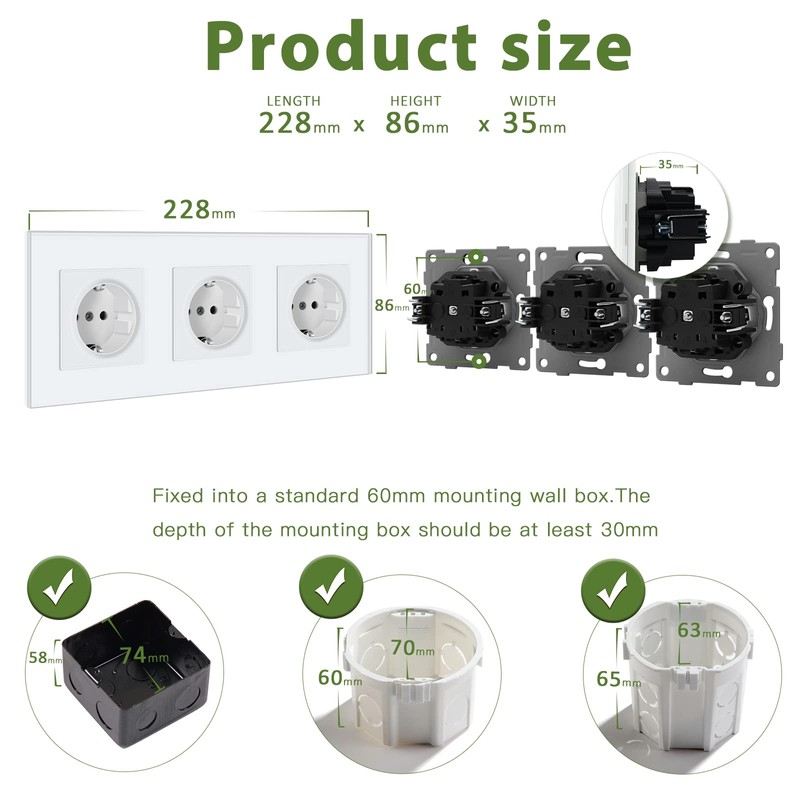 BSEED Schuko Socket, 3-Way, with Plug Terminal, Crystal Glass Plate,
