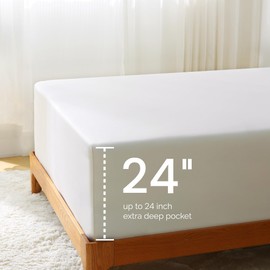 GOKOTTA Extra Deep Pocket California King Size Fitted Sheet Only - Fits Up to 24 Inches, Fitted Sheet with Elastic Corner Straps - 100% Rayon Derived from Bamboo, Soft Bottom Sheet, Cream White