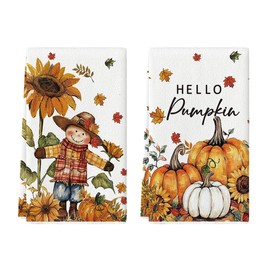 Artoid Mode Scarecrow Pumpkin Fall Kitchen Towels Dish Towels, 18x26 Inch Farmhouse Sunflower Autumn Decoration Hand Towels Set of 2