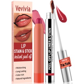 Vevivia Lip Stain Set - Peel Off Lip Stain and Lip Balm, Long Lasting Lip Liner Stain with Natural Finish, Moisturizing Lip Balm for Dry Lips, Hydrating Gloss, Waterproof, Smudge-proof, Nude Pink