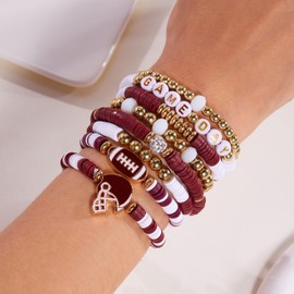 RINHOO Game Day Bracelets for Women Stackable Heishi Clay Beaded Stretch Bracelet Football Sport Fan Bracelet Sports Game Team Jewelry (Style 1-Brown)