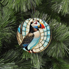 Puffin Christmas Ornament - Bird Home Decor Featuring Faux Stained Glass Embossed Design - 2025 Acrylic Disc Decoration For Tree - Unique Bird Lover Gift From Cranberry Collective