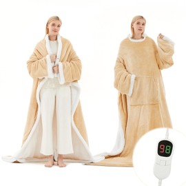 PLOATH Heated Blanket Electric Wearable - Heating Throw Blanket with 10 Heating Levels - Heated Hoodie Blanket with Foot Pockets and Sleeves Hood Giftable for Women (50x70'' Grey)