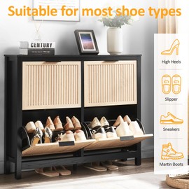 HUSHEDIFY 4 Flip Drawers Shoe Cabinet Storage for Entryway, Narrow Hidden Wood Shoes Organizer Cabinet Front Door Entrance Thin Free Standing Front Door Shoe Rack Storage for Entryway(Oak&Black)