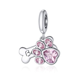 Pet Cat Dog Charm Bead 925 Sterling Silver Love Heart Pink Crystal Paw Charm Footprints Bead Animal Charms for Bracelet(Pink Dog Paws Charms)