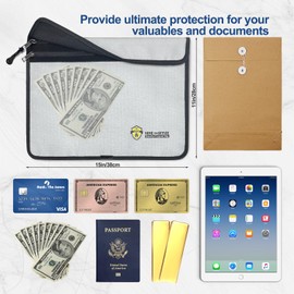 VAZIOYAR Two Pockets Fireproof Document Bag, Security Fireproof Bag,15''x 11'' Security Waterproof File Bag with Zipper, Storage Organizer Money Bag for Valuables, Important Documents, Cash