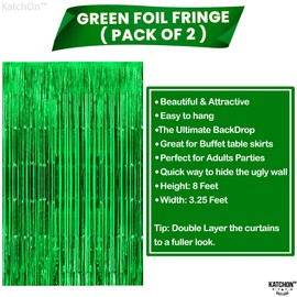 KatchOn, Green Streamers - 3.2x8 Ft, Pack of 2 | Green Backdrop for Jungle Party Decoration | Foil Fringe Curtains for Dinosaur Birthday Decorations | Tropical, Safari Party Decorations