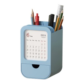 Upgraded Pen Holder with Built-in Calendar - Modern Desk Organizer for Office, School, Home, Premium Silicone Design with Chic Aesthetic, Multi-Functional Stationery & Makeup Storage - Blue