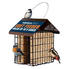 MEKKAPRO Suet Feeder for Outside Hanging Metal Roof, Woodpecker Feeder, Two Suet Bird Feeder Capacity, Cage Hanger Hanging Bird Feeder Easily Fits 2 Suet Cakes Holder - Wild Bird Feeder Basket
