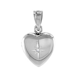 Very Tiny 1/2 inch Sterling Silver Diamond Heart Locket Necklace for Women 18 inch RL_30H