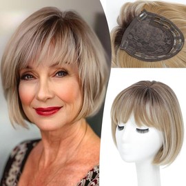 Hair Topper Hair toppers for Women Toppers Hair Pieces for Women Short Bob Hair Toppers with Bangs Side Part Hair Toppers for Women with Thinning Hair Synthetic Wig Toppers for Thinning Hair - Color: Dark Blonde with Dark Root