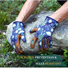 Trifabricy Garden Gloves for Women - Breathable leather Floral Gardening Gloves with Grip, Thorn-Proof Puncture-Resistant Work Gloves for Weeding, Digging, Planting, Raking and Pruning, Green Flower