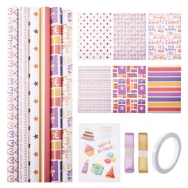 Beadthoven Birthday Wrapping Paper Set 6pc Colorful Heart Star Pattern Happy Birthday Presents Wrapping Paper with Sticker, Tape, ribbon for Birthday Party Christmas Presents Packaging Supplies
