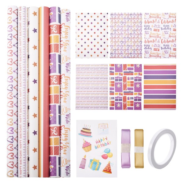 Beadthoven Birthday Wrapping Paper Set 6pc Colorful Heart Star Pattern