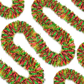 obbsie 65.6 FT Christmas Tinsel Garland, Colorful Christmas Metallic Twist Garland Ceiling Hanging Decorations for Xmas Tree Holiday Party Birthday Indoor Outdoor Decor (Red, Gold, Green)