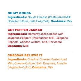 Moon Cheese 6 pack Variety Packs (2 Cheddar, 2 Gouda, 2 Pepper Jack, 2oz). A low carb, no-sugar snack alternative to protein bars and shakes.