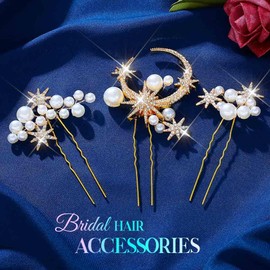Unicra Moon Star Wedding Hair Pins Pearl Bridal Hair Clips Gold Hair Accessories for Women and Brides (Pack of 3) (Gold, One Size)
