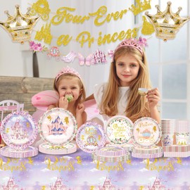 SYUCVQI Princess Birthday Party Supplies - Four Ever a Princess Banner, Crown Foil Balloons, Disposable Plates and Napkins, Cups, Castle Tablecloth 4th Happy Birthday Party Decorations for Girl Women