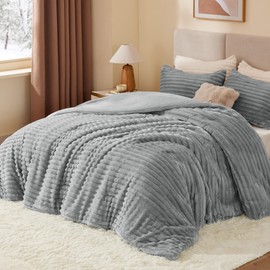 BEDELITE Fleece King Comforter Set -Super Soft & Warm Fluffy Grey Bedding, Luxury Fuzzy Heavy Bed Set for Winter with 2 Pillow Cases