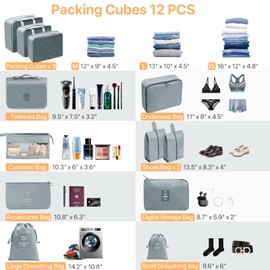 Chijoo 12-Piece Packing Cubes Set (Grey) - Compression Packing Cubes for Suitcases & Backpacks - Essential Travel Organizers