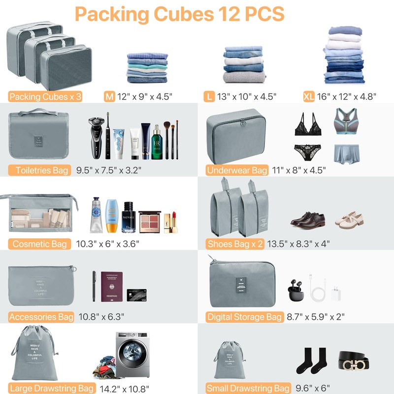 Chijoo 12-Piece Packing Cubes Set (Grey) - Compression Packing Cubes