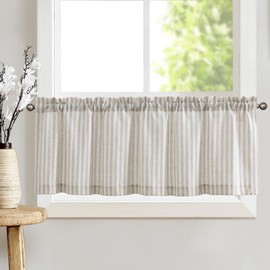 TOPICK Grey Striped Linen Blend Kitchen Curtains Valance for Living Room Bathroom Cupboard Bedroom 16 Inch Drop Pinstripe Cafe Curtains Light Filtering Small Window Drapes Rod Pocket 1 Panel